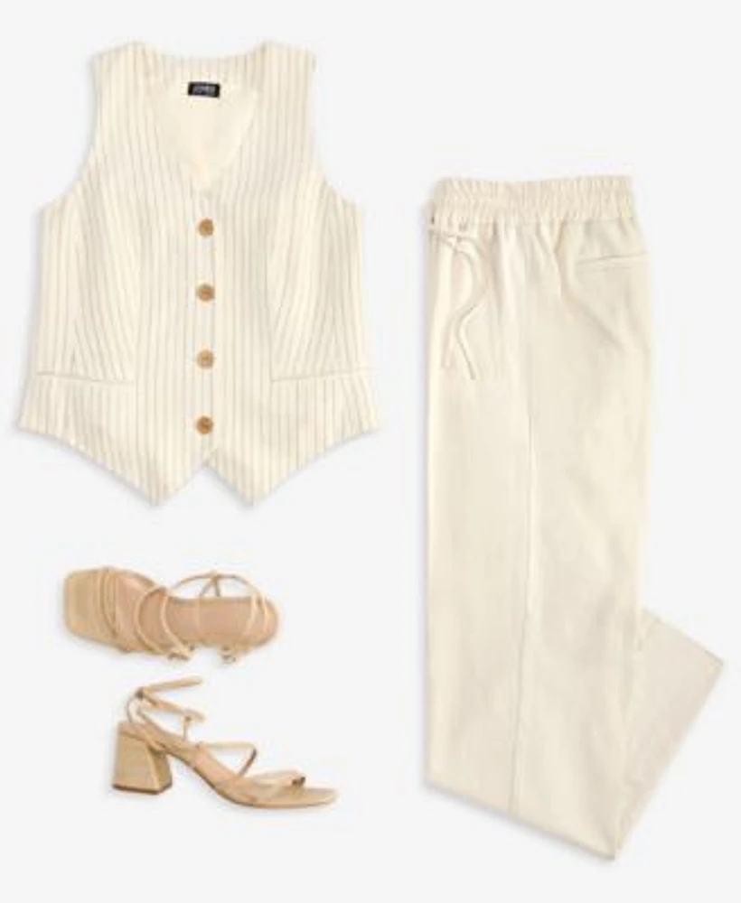 Jones New York Womens Striped Button Front Vest Wide Leg Pants