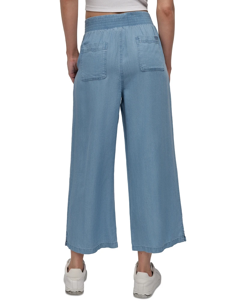 Dkny Jeans Petite Chambray Smocked-Waist Wide-Leg Ankle Pants