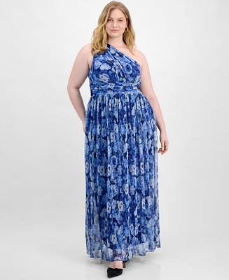 B Darlin Trendy Plus Size Printed One-Shoulder Gown