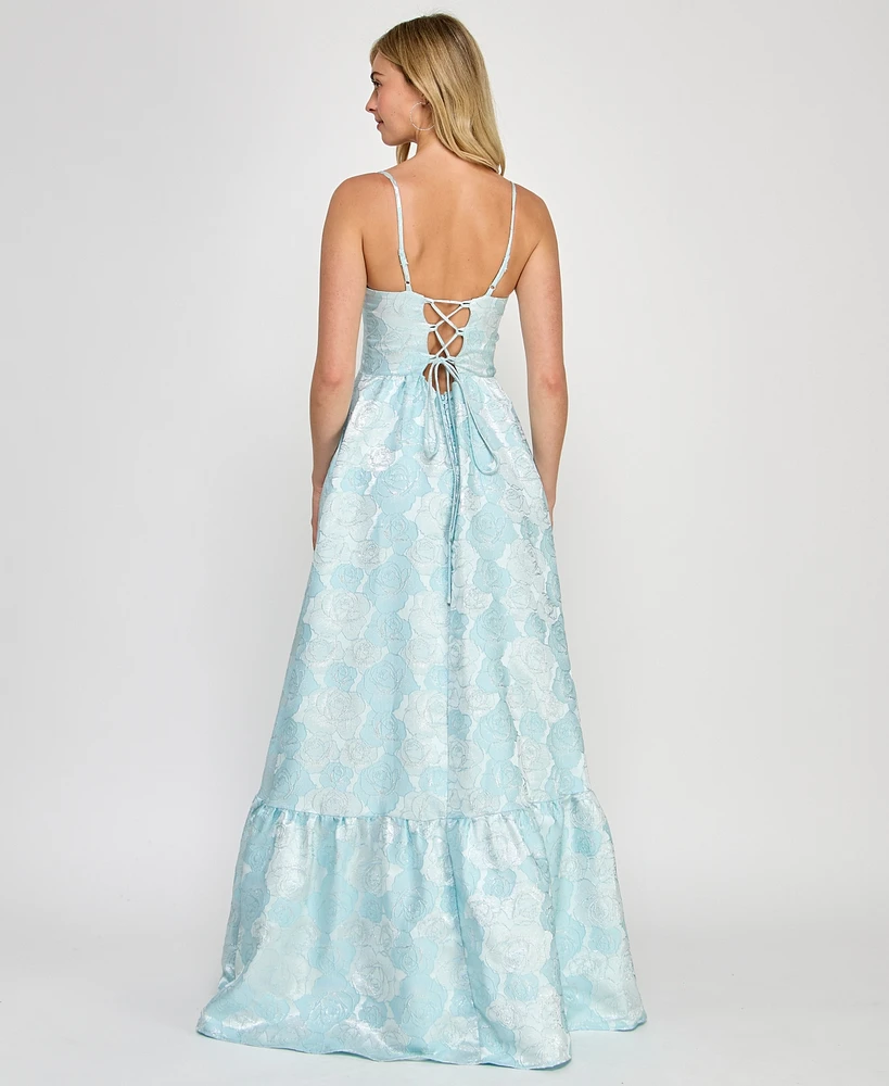 Crystal Doll Juniors' Sleeveless Brocade Corset Gown