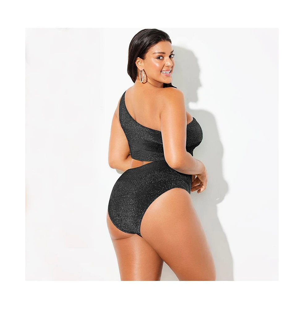 Swimsuits for All Women's One Shoulder Color Block Cutout Piece Swimsuit