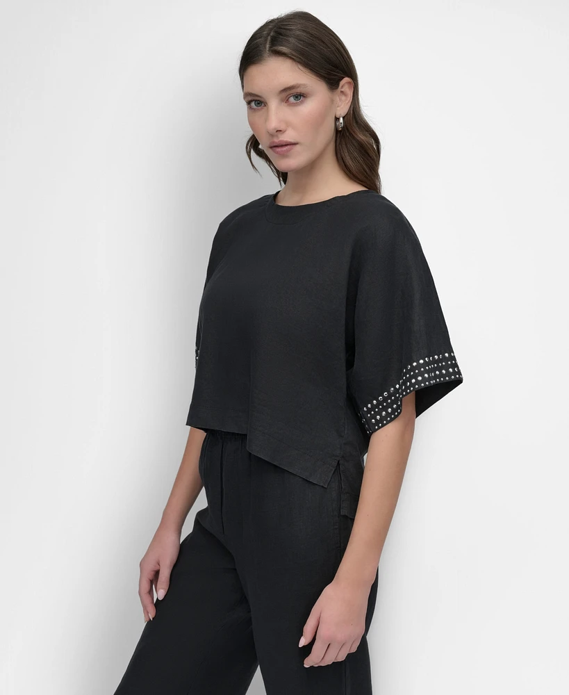 Dkny Women's Cropped Short-Sleeve Studded Linen Top