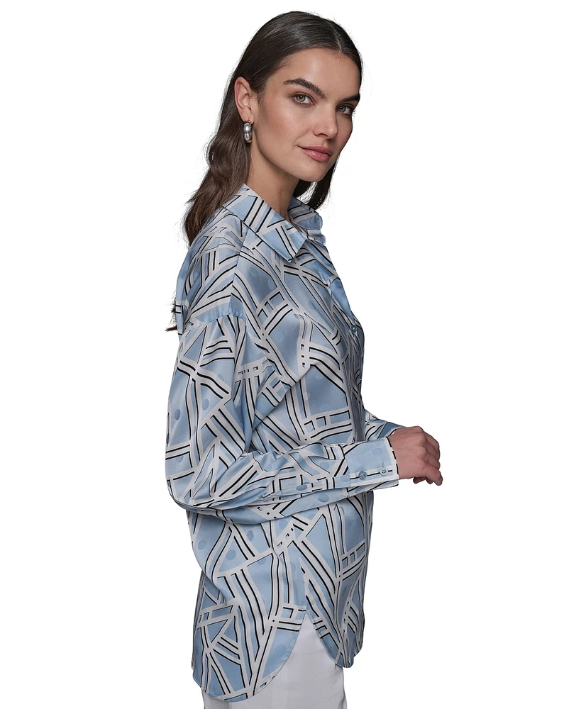 Karl Lagerfeld Paris Women's Satin Geo-Print Oversized Button-Front Top