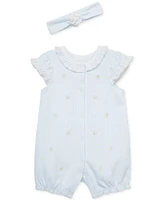 Little Me Baby Girls 2-Pc. Embroidered Cotton Romper & Headband Set