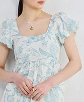 Reistor Women's Puff Sleeve Tiered Midi Dress Blue Florals
