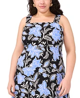 Vince Camuto Plus Floral Square-Neck Smocked-Back Sleeveless Maxi Dress