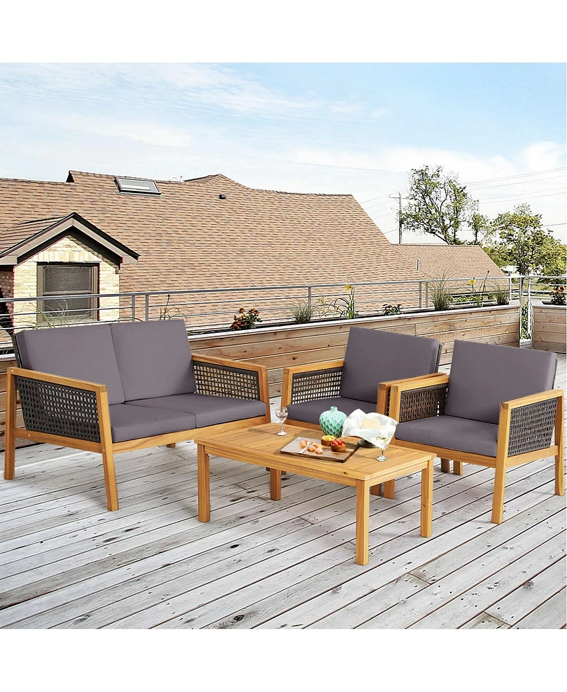 Gymax Piece Patio Pe Rattan Conversation Set Acacia Wood Furniture Set w/ Cushions