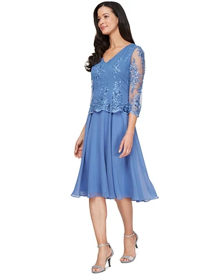 Alex Evenings Petite V-Neck Chiffon 3/4-Sleeve Dress
