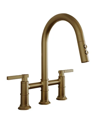 Modern Double Handle 3-Holes Deck Mount Bridge Kitchen Faucet with 2-Sprayer Patterns and 360 Swivel Spout