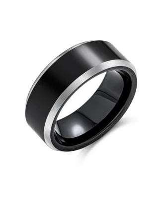 Bling Jewelry Simple Black Titanium Band Ring Silver Two Tone Beveled Edge Comfort Fit