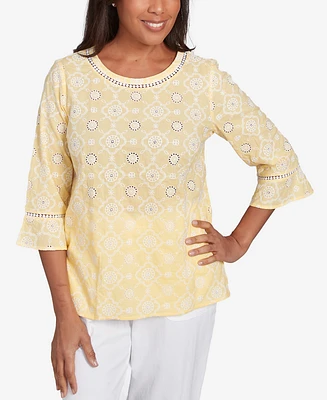 Alfred Dunner Women's Rise Shine Embroidered Floral Eyelet Bell Sleeve Crew Neck Top