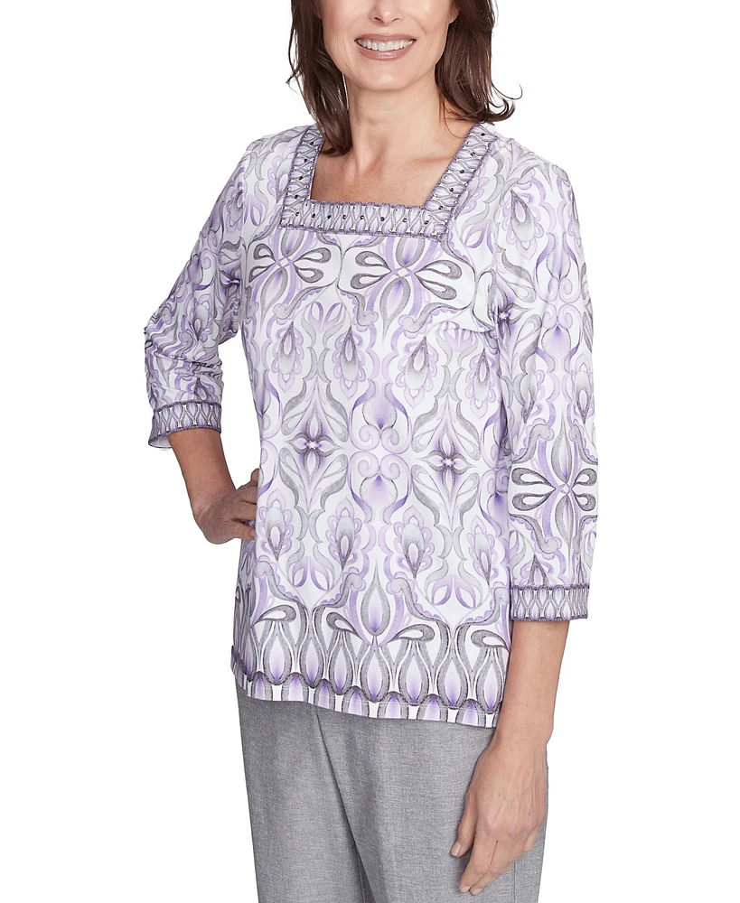 Alfred Dunner Women's Crystal Springs Border Medallion Kaleidoscope Square Neckline Top