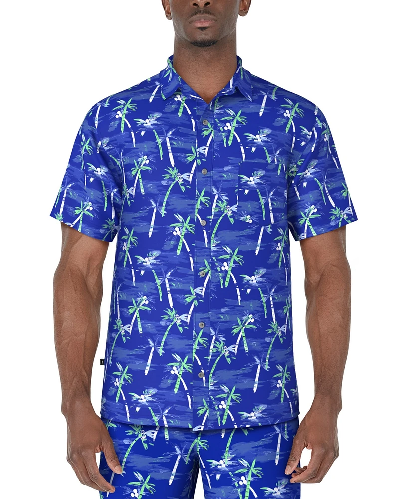 Pga Tour Men's Short Sleeve Watercolor Palm Print Button-Front Shirt