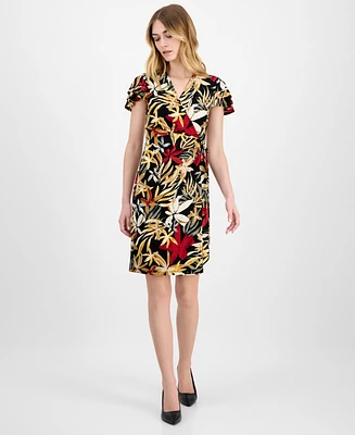 Anne Klein Women's Faux-Wrap Flutter-Sleeve Print Dress