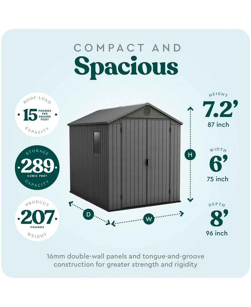 Keter Darwin 6 Foot x 8 Foot Outdoor Garden Tool Storage Shed w/Window, Graphite