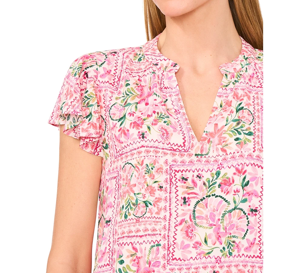 CeCe Women's Shirred V-Neck Flutter-Sleeve Blouse