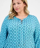 Jm Collection Plus Printed Lace-Up Split-Neck Top