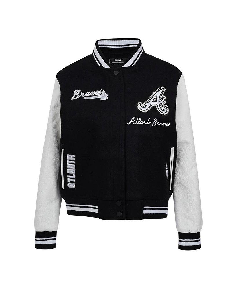 Pro Standard Women's Black Atlanta Braves Cultivated Pearls Rib Wool Full-Zip Varsity Jacket