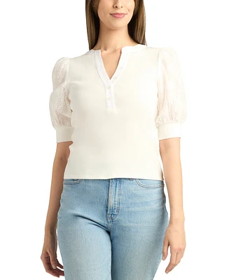 Bcx Juniors' Rib-Knit Mix-Media Eyelet-Sleeve Top