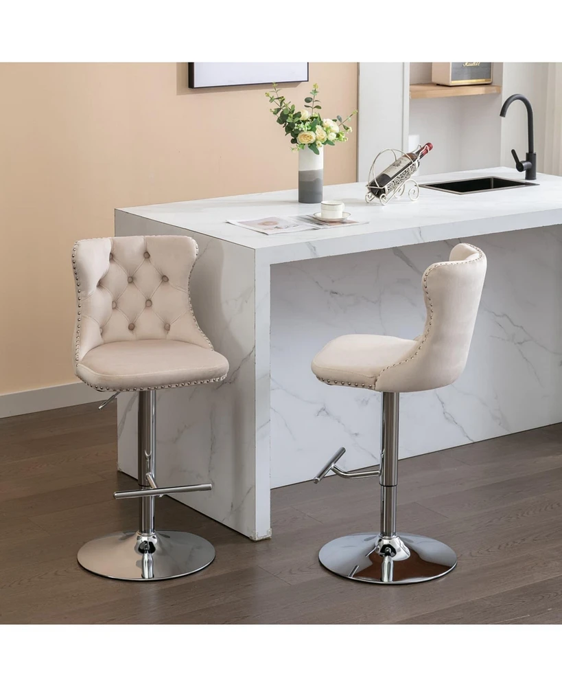 Set of 2 Swivel Velvet Barstools Adjustable Height Upholstered Bar Stools with Tufted Back Chrome Base for Kitchen Island Home Pub-The Pop