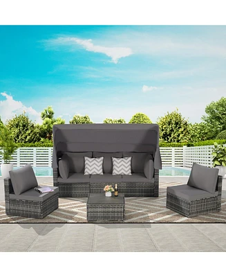 5-Piece Outdoor Wicker Daybed Set with Canopy & Cushions