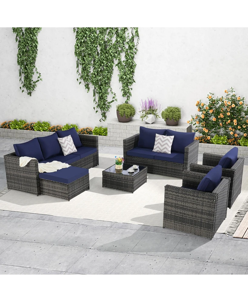 6-Piece Outdoor Wicker Patio Conversation Set w/ Cushions & Glass Table