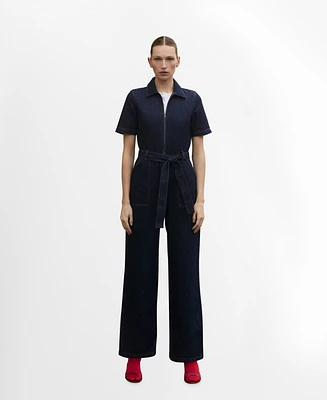 Mango Women's Short-Sleeved Denim Jumpsuit