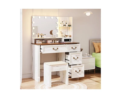 Vlsrka Vanity desk for bedroom with lights, drawers, shelves, stool, and mirror.