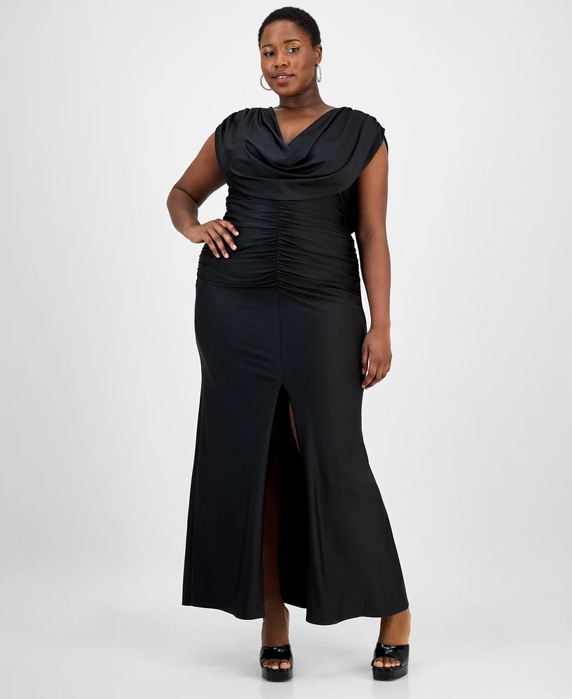B Darlin Trendy Plus Draped Shiny-Knit Maxi Dress