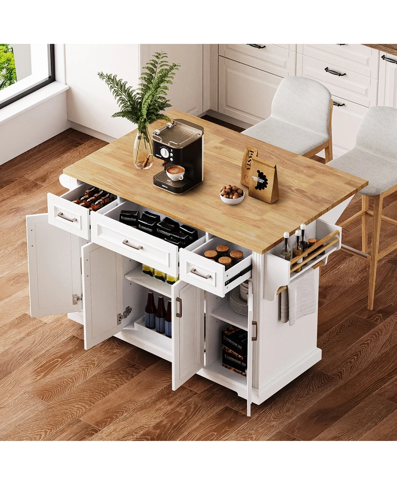 Large Kitchen Island with Drop Leaf, Embossed Rolling Cart with Storage