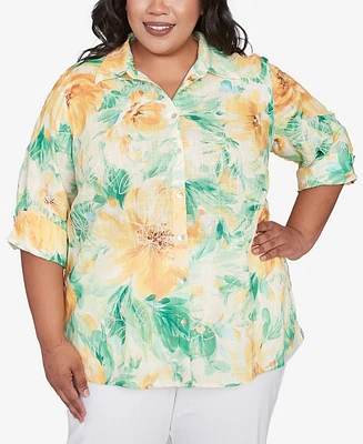 Alfred Dunner Plus Rise and Shine Watercolor Floral Tie Sleeve Button Down Top
