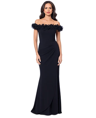 Xscape Women's Scuba-Crepe Ruffled Off-The-Shoulder Fit & Flare Gown