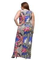 24seven Comfort Apparel Plus Print Sleeveless Side Slit Maxi Dress