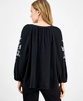 Style & Co Petite Cotton Textured Floral-Embroidered Blouse, Exclusively at Macy's