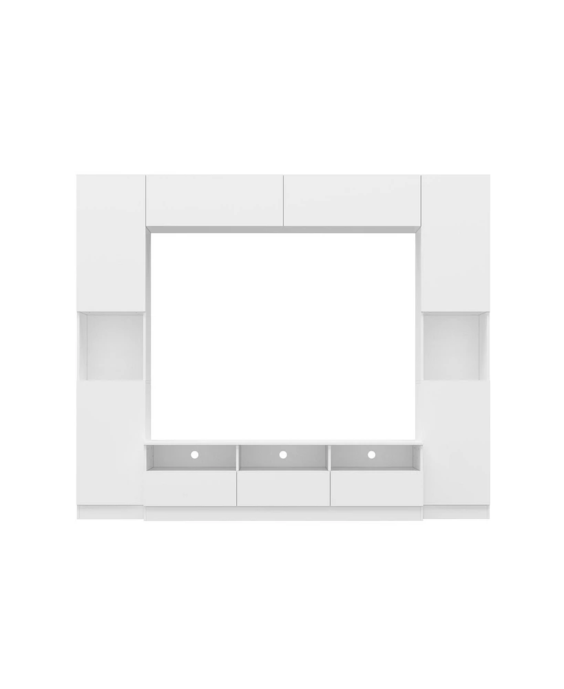 Tv stand with bookshelf and 10 cabinet doors, multi-purpose media console, entertainment center in white wood