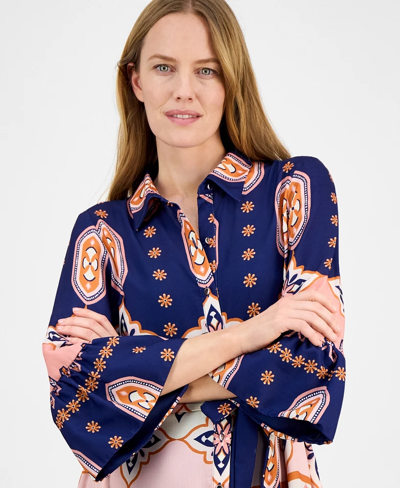 julia jordan Women's Printed Button-Front Tie-Waist Dress