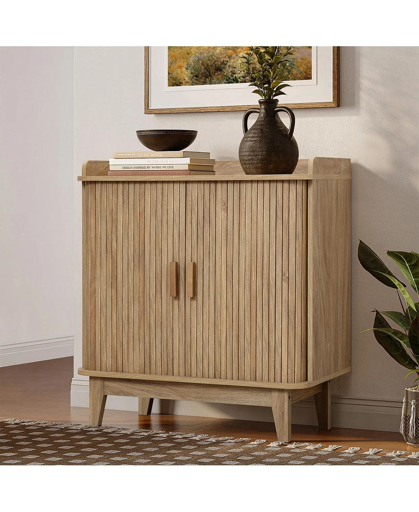 LuxenHome Mid-Century Modern Tambour-Style 2-Door 31.5-Inch Wide Cabinet with Tray Top, Oak