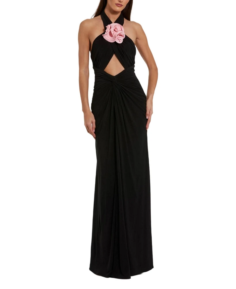 Mac Duggal Women's Jersey Crossover Halter Neck Gown With 3D Flower