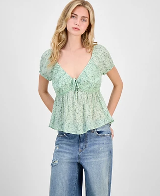 Derek Heart Juniors' Floral-Print Puff-Sleeve Babydoll Top