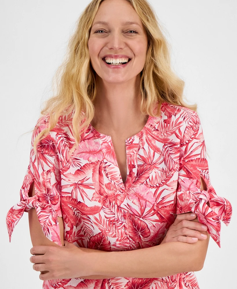 Charter Club Women's Palm-Print 100% Linen Tie-Sleeve Top, Exclusively at Macy's