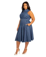 Buxom Couture Plus Size Sleeveless Denim Shirtdress with Contrasting Stitching