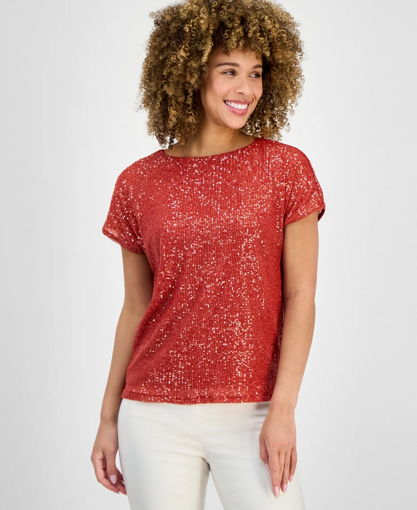 Anne Klein Women's Sequinned-Mesh Boat-Neck Top