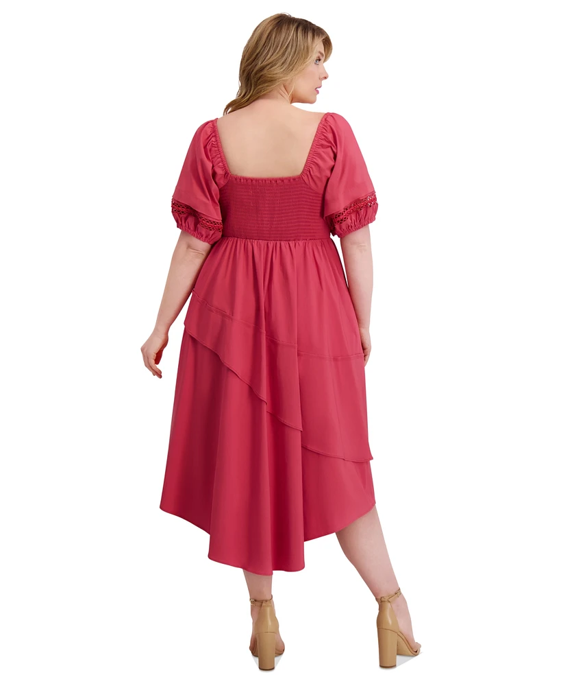 Siena Plus Puff-Sleeve Asymmetric-Hem Midi Dress