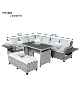 Mondawe 5-Piece Outdoor Sectional Pe Wicker L-Shaped Garden Furniture Set with 2 Extendable Side Tables, Dining Table and Washable Covers
