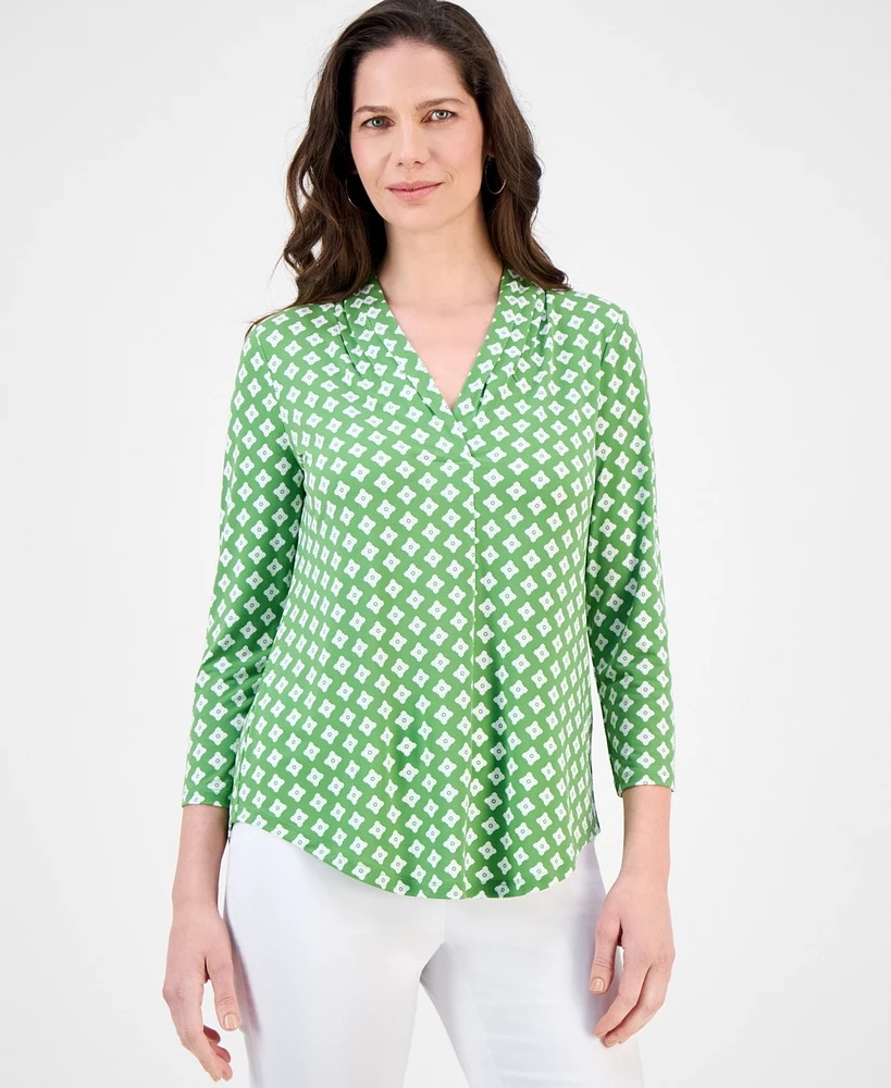 Jm Collection Women's Printed V-Neck 3/4-Sleeve Top, Exclusively at Macy's