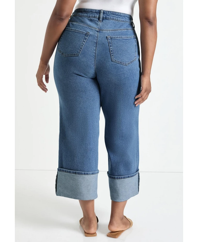 June + Vie Women's Wide-Leg Cropped Cuffed Jeans