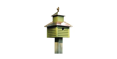 Birdhouse with Bright Copper Roof and Rooster Top for Garden Decor
