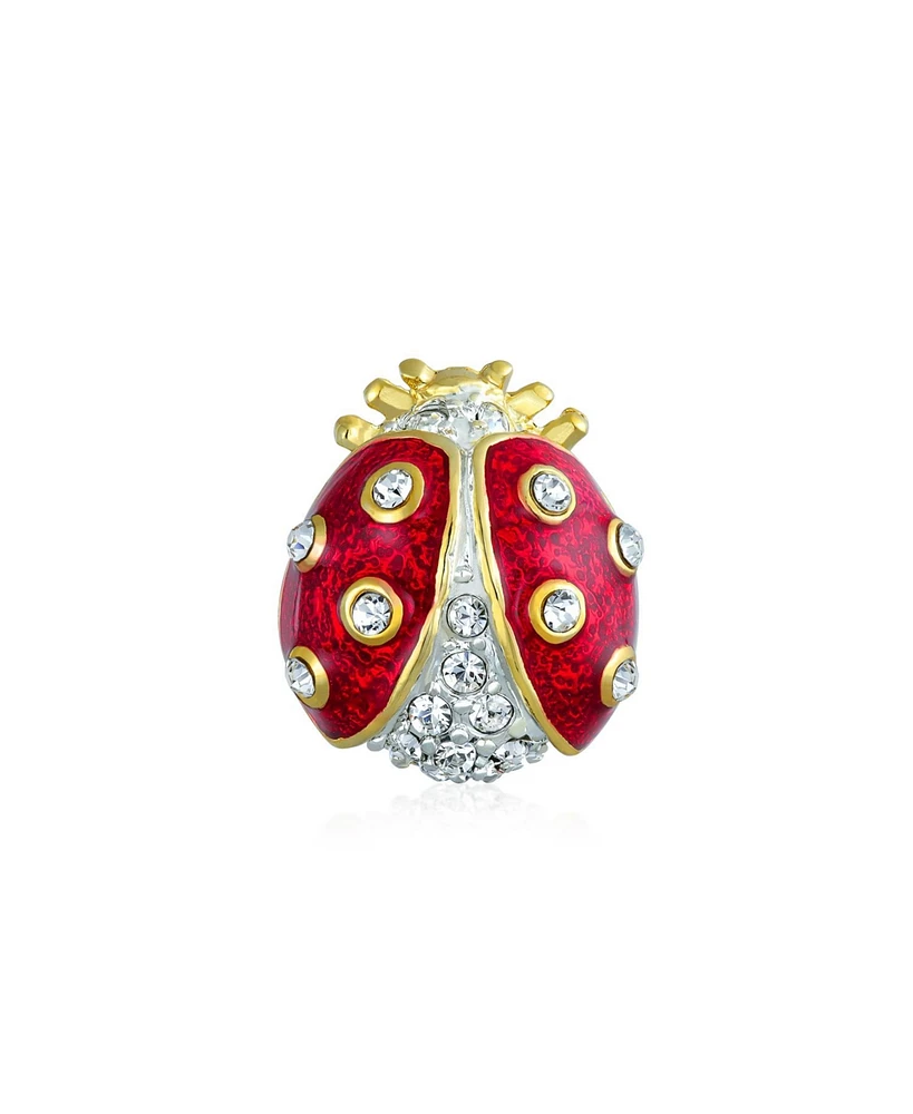 Bling Jewelry Set of 2 Lucky Ladybug Red Gold Plated Enamel Crystal Brooch Pin for Lapel
