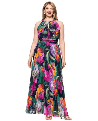 Xscape Plus Printed Halter-Neck Pleated Sleeveless Gown