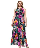 Xscape Plus Printed Halter-Neck Pleated Sleeveless Gown